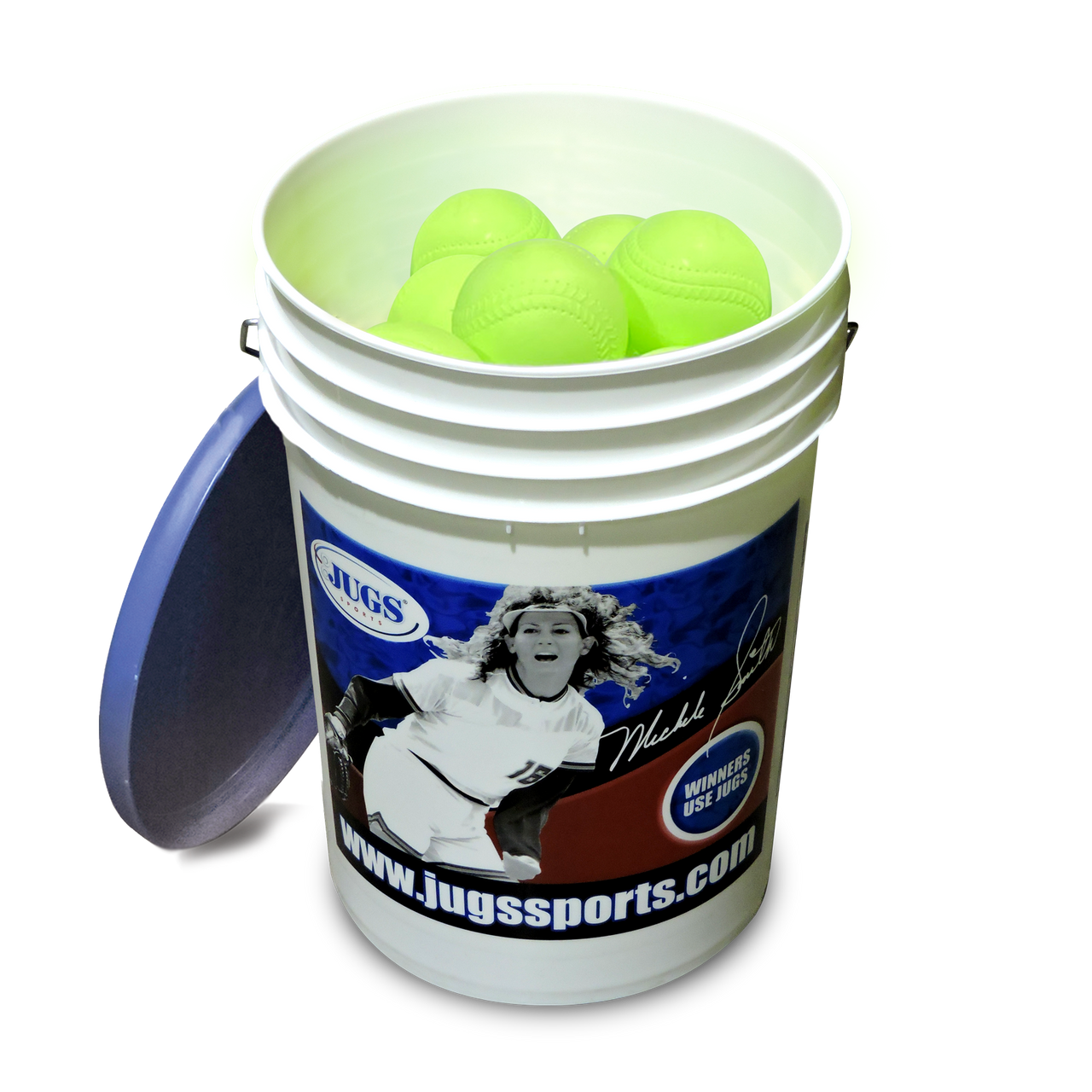 BUCKET OF YELLOW SEAM SOFTBALLS
