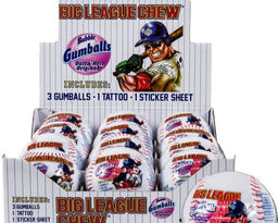 A box of Big League Chew gumballs with three gumballs visible in the foreground. The packaging features an illustration of a baseball player and includes a sticker sheet.